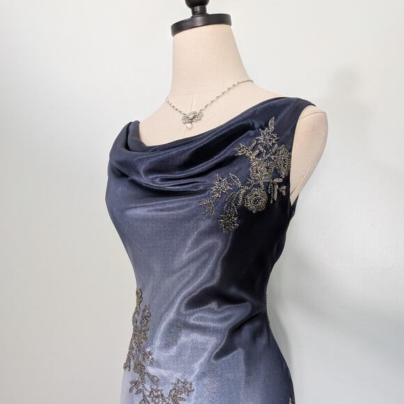 Vintage Prom Dress Maxi Gown 2 Blue Ombre Fairy Grunge 90s Y2K Satin Bead Floral - Picture 2 of 12